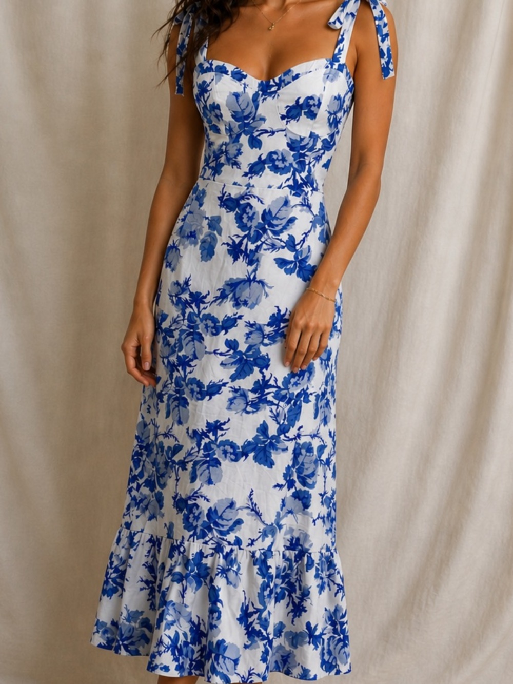 Blue Floral Tie-Shoulder Maxi Dress No Tags . Measures a Small